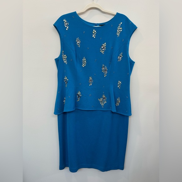 JOHN Evening Dress Embellished Ocean Blue Peplum Wool Blend